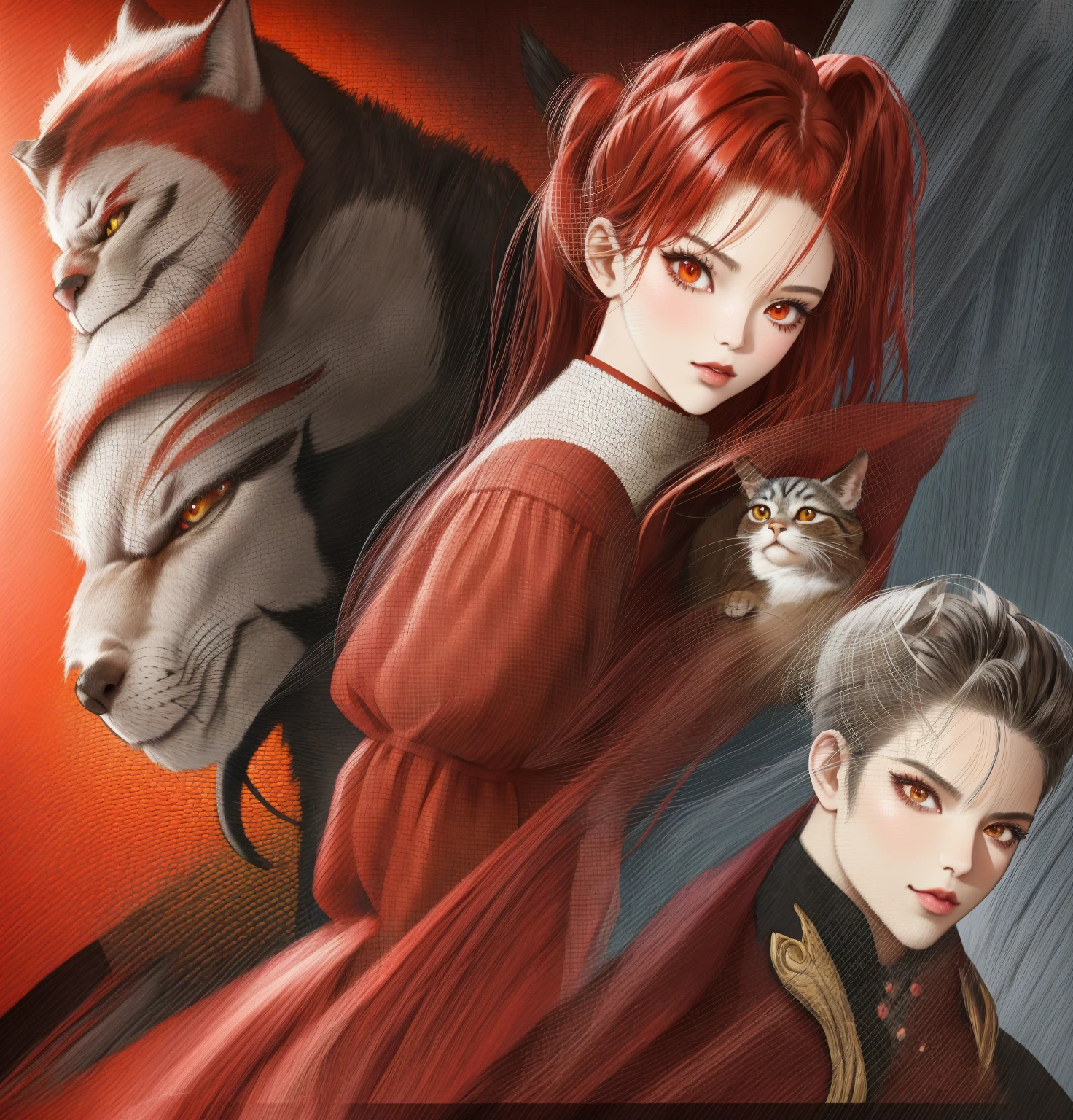 Close-up of a woman in a red dress holding a cat, WLOP et Artgerm, as seen on artgerm, IG model | Art germ, angry high moral sexy werewolf, Artgerm et WLOP, artgerm comic, artgerm detailed, Artistic germ style, Extremely detailed Artgerm