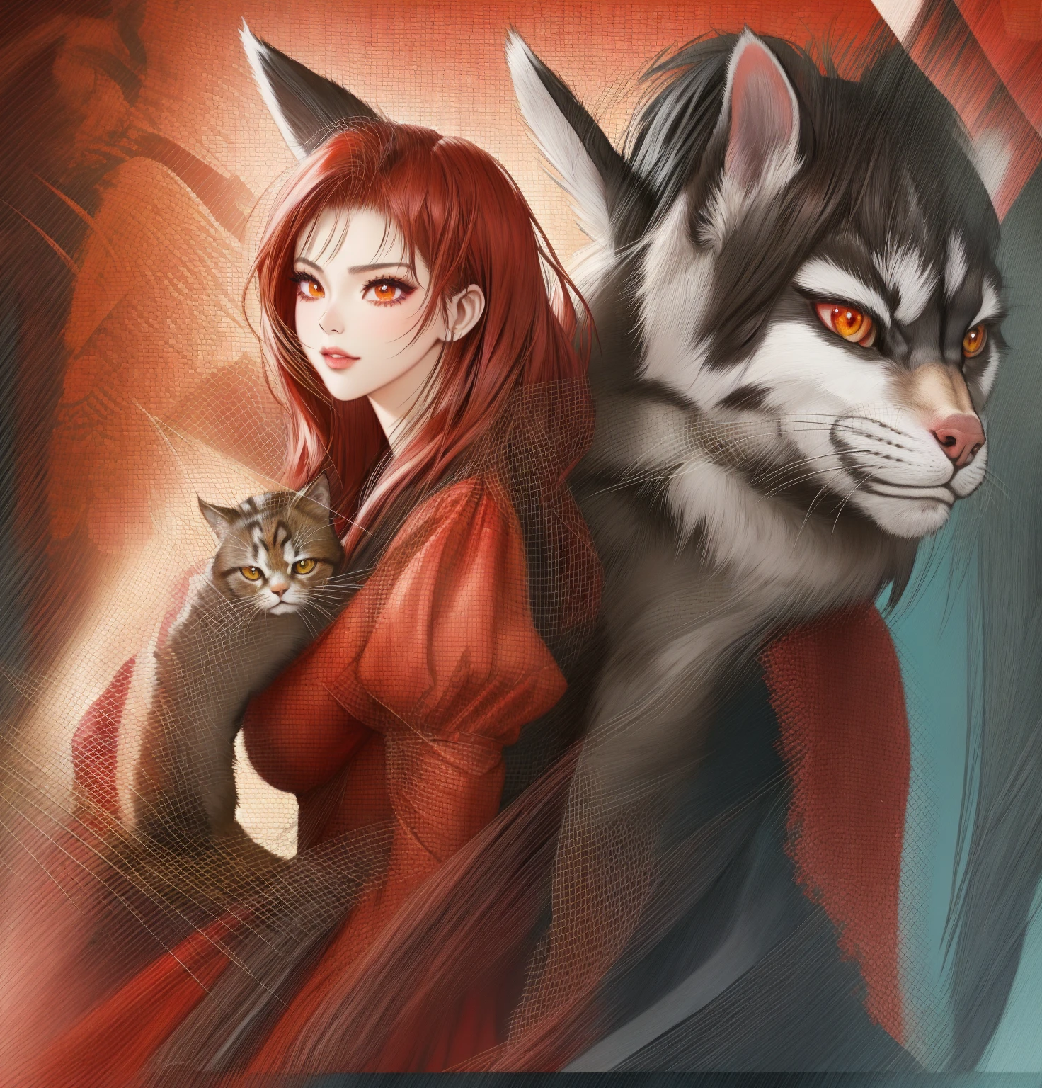 Close-up of a woman in a red dress holding a cat, WLOP et Artgerm, as seen on artgerm, IG model | Art germ, angry high moral sexy werewolf, Artgerm et WLOP, artgerm comic, artgerm detailed, Artistic germ style, Extremely detailed Artgerm