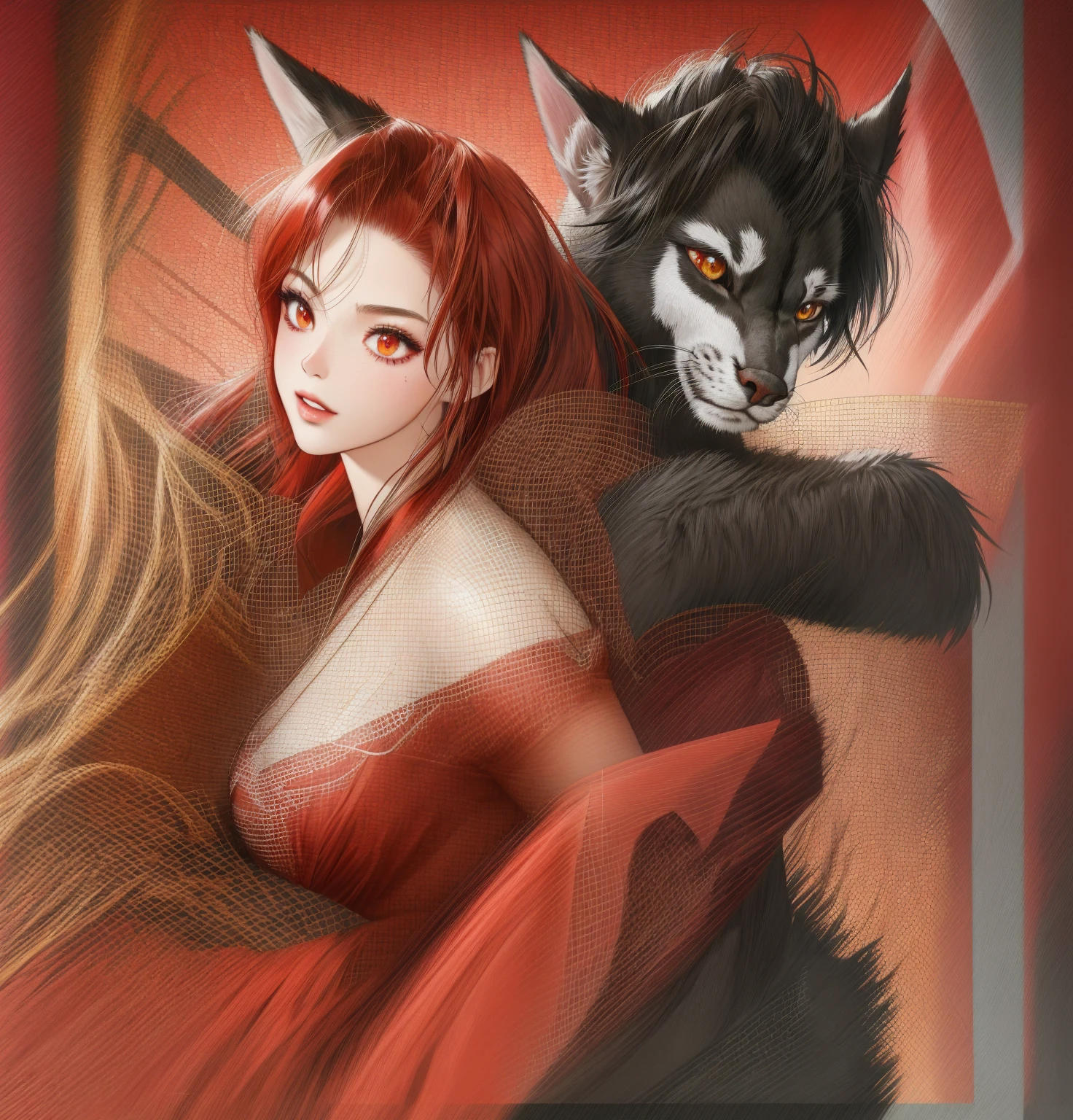 Close-up of a woman in a red dress holding a cat, WLOP et Artgerm, as seen on artgerm, IG model | Art germ, angry high moral sexy werewolf, Artgerm et WLOP, artgerm comic, artgerm detailed, Artistic germ style, Extremely detailed Artgerm