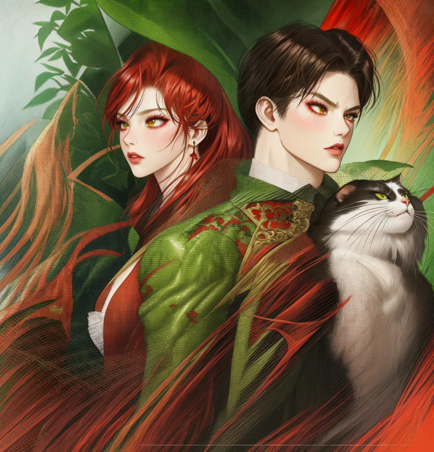 Close-up of Poison Ivy in a red dress holding a cat, WLOP et Artgerm, as seen on artgerm, IG model | Art germ, angry high moral sexy Swamp Thing, Artgerm et WLOP, artgerm comic, artgerm detailed, Artistic germ style, Extremely detailed Artgerm