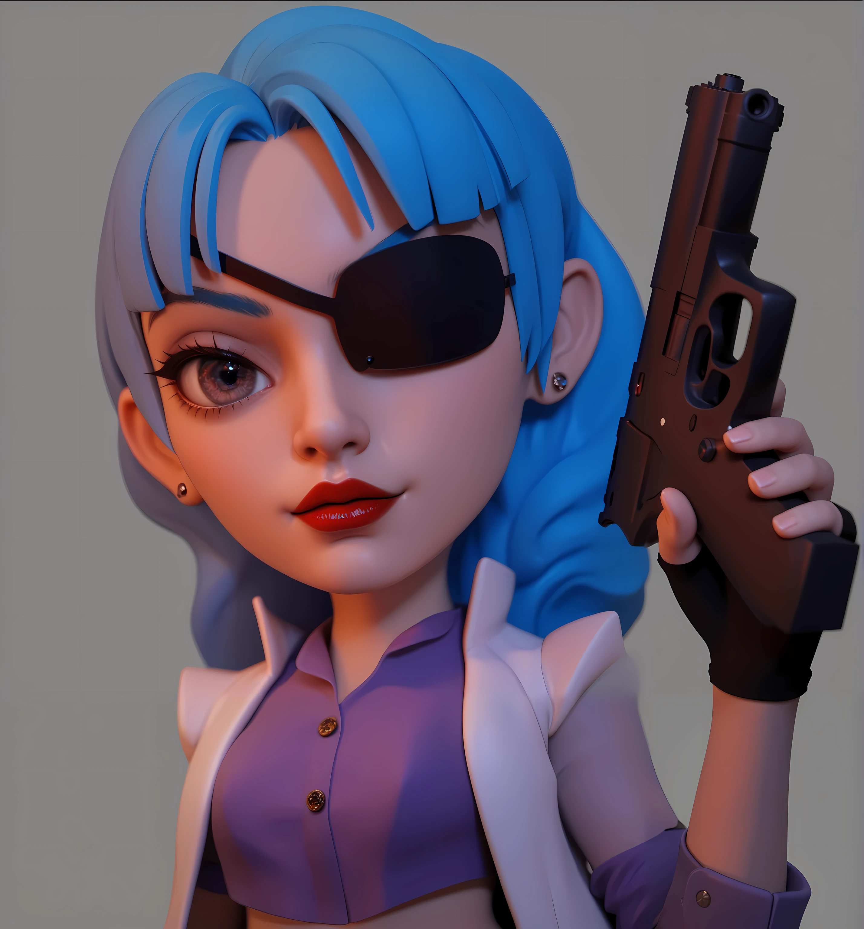  a woman with an evil expression ，One-eyed woman， blue hair ，There are bangs in front of the forehead， realistic hair texture，Rich hair details ， wearing a one-sided blindfold on her right eye ，Looking at the camera with the left eye ， big eyes，Smoky Eyes， red lips， wearing a high-waisted blouse showing off her stomach，Purple shirt， white high-waisted jacket ，There is an abdominal vest line， holding a pistol with her right hand ，UE5 Rendering，3D Rendering， cartoon character，3D Model， HD texture