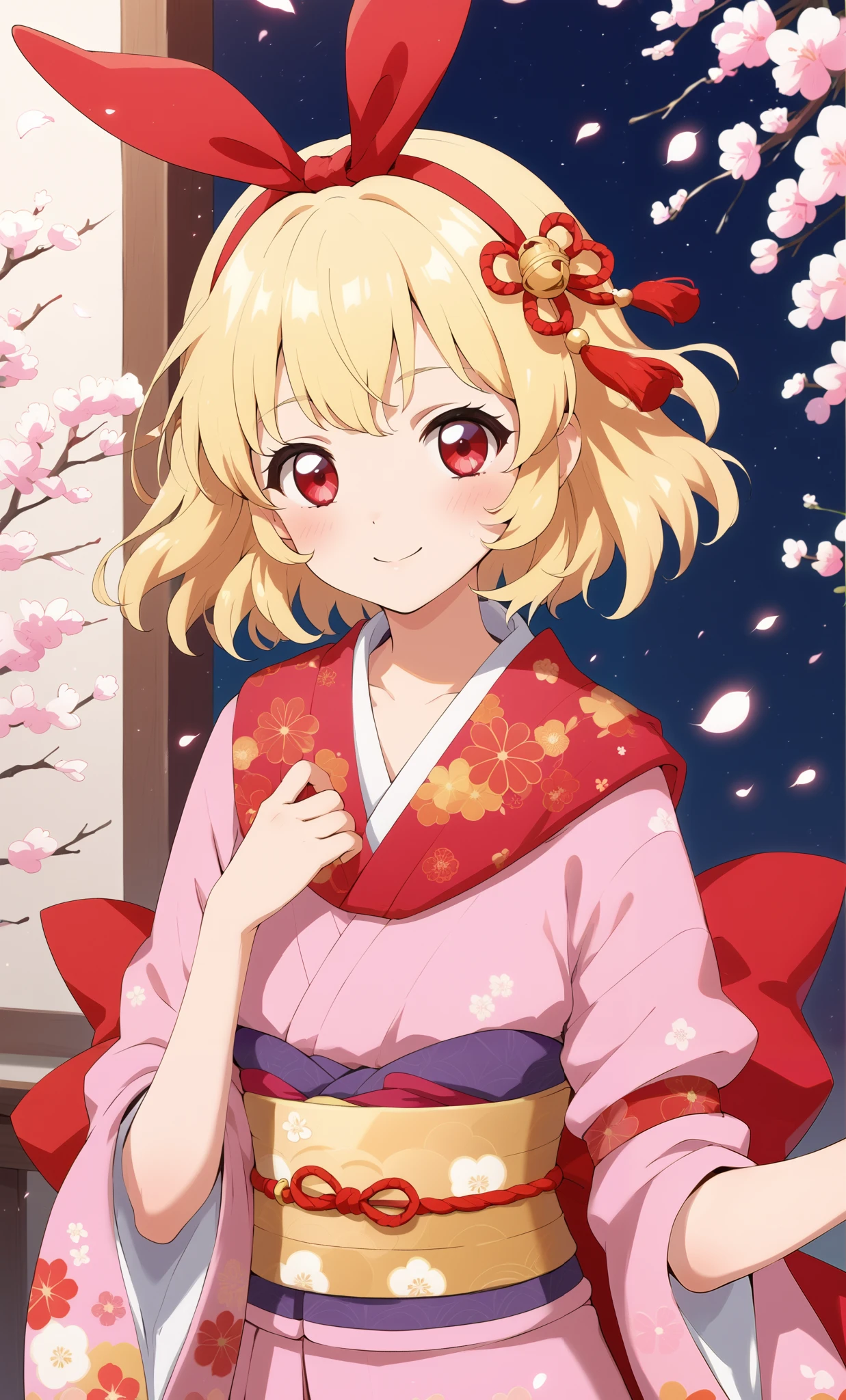 sfw,(RED Ribbon on HAIRband:1.2),A girl wearing a very beautiful hare kimono, hare kimono, luxurious obi, clothes, small breasts, New Year's, blonde hair, red eyes, red jeweled ribbon, best shot, from the chest up, line of sight, Hoshimiya Ichigo,NO nude:2.2,