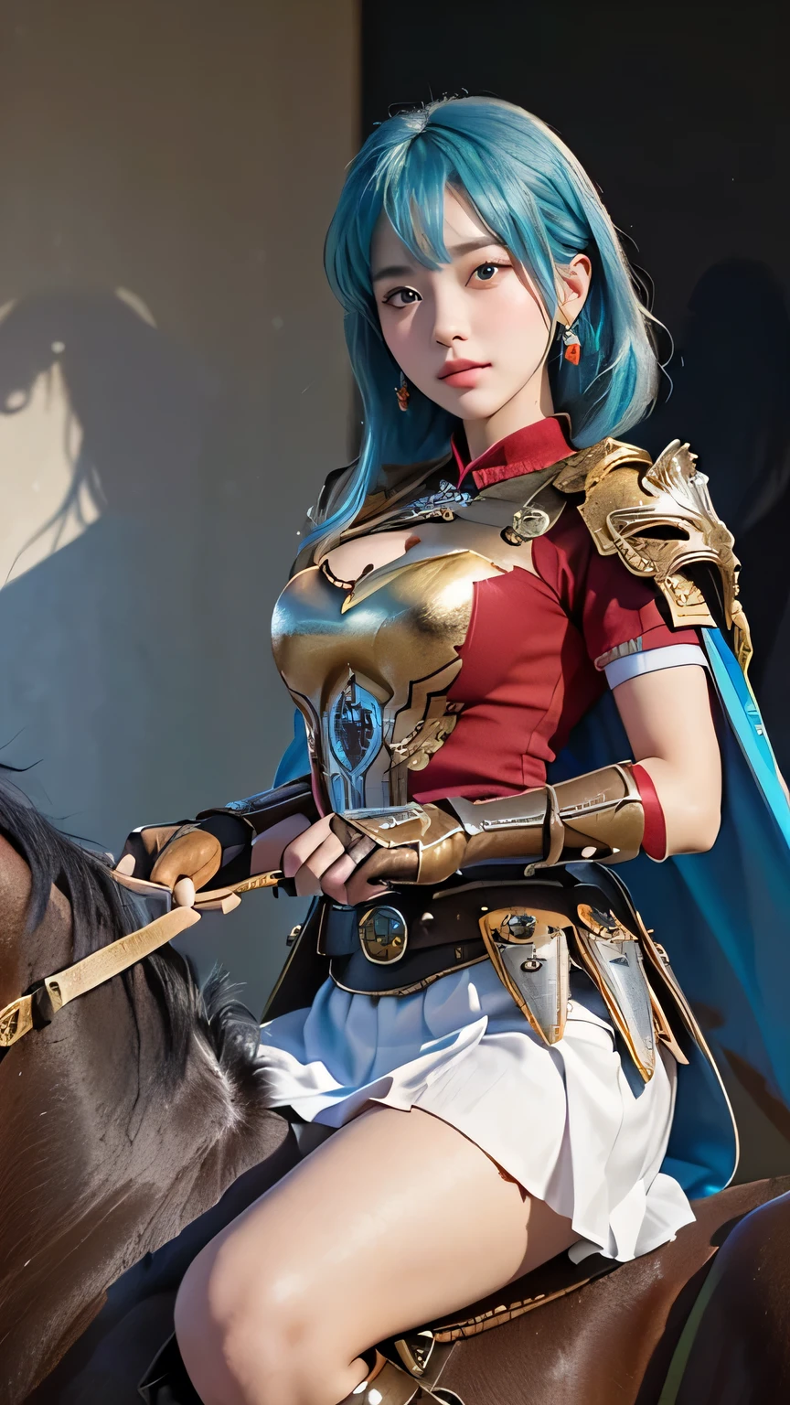 (((  top quality))), ((  Masterpiece )), (    Details), ((alone)), ((((((  Leg_Eirika  ,Cyan Hair, armor, breastplate,  white skirt,  absolute domain, Blue Cloak, shoulder armor,  jewelry,  thigh-length socks ,  fingerless gloves ,  earrings,  boots,  elbow gloves , armored  boots, Short sleeve, frills,  elbow pads ,  red shirt, belt,  gold trim ,(masterpiece,  top quality,  ultra detail,  best shadow) Ride a horse_horse riding )))))),  ((( slender body:1.4, Big Breasts, cleavage in years:1.1 ,Slim waist, thick thighs,  Thin legs))),(   cameltoe   , camel toes), ((      growing skin that exposes genitals    ,    white skin,      growing skin that exposes genitals    )), Mysterious Light,  ((( Girl with a well-groomed face   ))), ((  big eyes)), ((((((Droopy eyes)))))), ((((   Exact Anatomy )))),    Completely-valid   ,    eyeshadow,    Excursion for one woman  ,(((Riding a horse, Dynamic Poses ))),