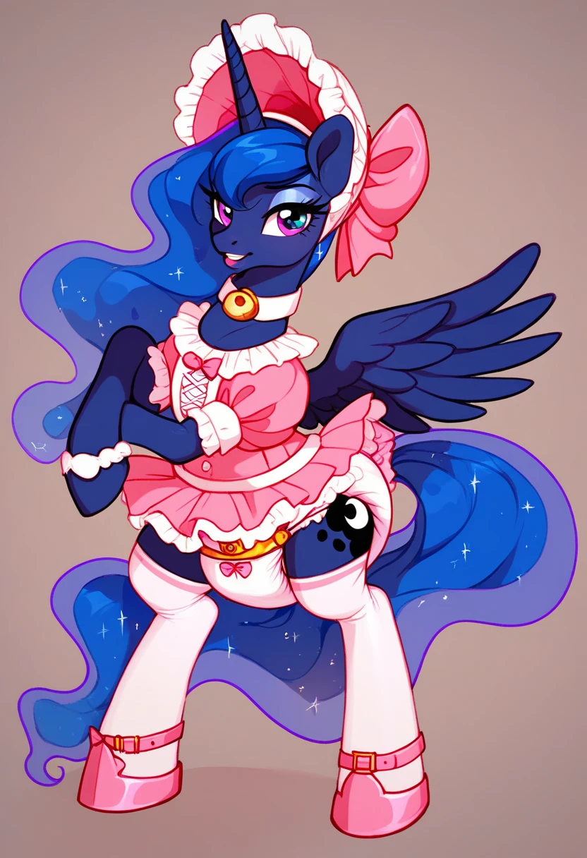 score_9,score_8_up,score_7_up,score_6_up, ((my little pony)), standing pony, costume with bows, panties, (pony breasts), stockings, seductive perky big butt, behind view, ((shining armor)), radiant lighting, vibrant colors, whimsical atmosphere, 8K, high resolution, highly detailed, masterpiece