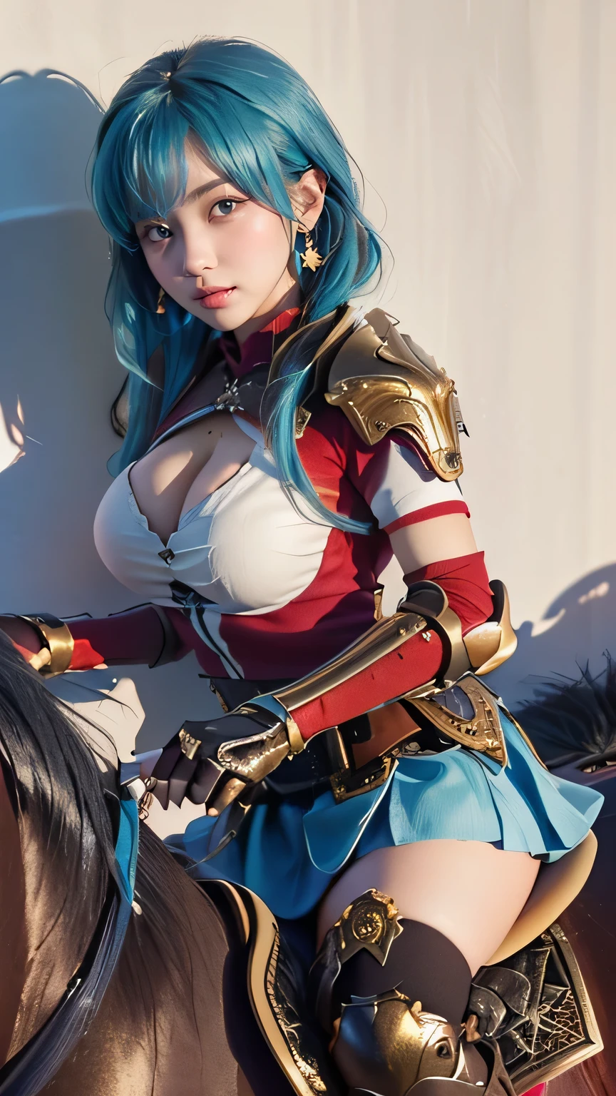 (((  top quality))), ((  Masterpiece )), (    Details), ((alone)), ((((((  Leg_Eirika  ,Cyan Hair, armor, breastplate,  white skirt,  absolute domain, Blue Cloak, shoulder armor,  jewelry,  thigh-length socks ,  fingerless gloves ,  earrings,  boots,  elbow gloves , armored  boots, Short sleeve, frills,  elbow pads ,  red shirt, belt,  gold trim ,(masterpiece,  top quality,  ultra detail,  best shadow) Ride a horse_horse riding )))))),  ((( slender body:1.4, Big Breasts, cleavage in years:1.1 ,Slim waist, thick thighs,  Thin legs))),(   cameltoe   , camel toes), ((      growing skin that exposes genitals    ,    white skin,      growing skin that exposes genitals    )), Mysterious Light,  ((( Girl with a well-groomed face   ))), ((  big eyes)), ((((((Droopy eyes)))))), ((((   Exact Anatomy )))),    Completely-valid   ,    eyeshadow,    Excursion for one woman  ,(((Riding a horse, Dynamic Poses ))),