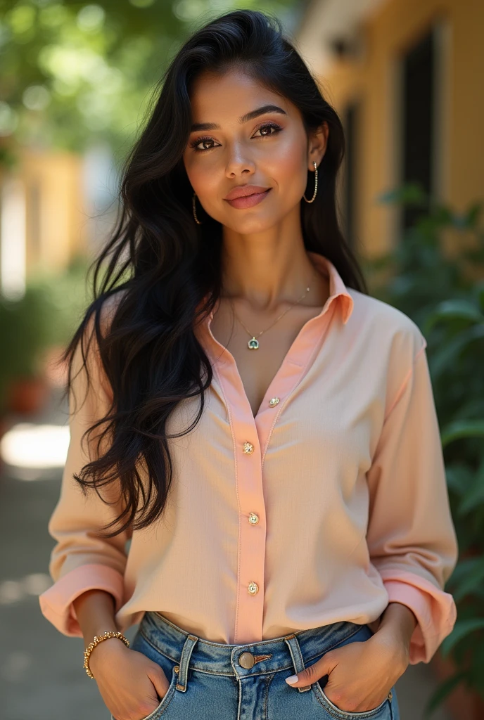 African beautiful lady wearing pink shirt and blue Jean, standing in a beautiful house balcony