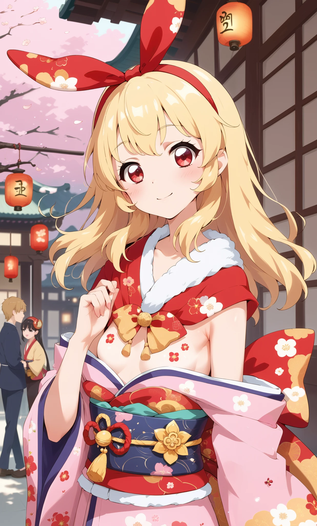 sfw,(RED Ribbon on HAIRband:1.2),A girl wearing a very beautiful hare kimono, hare kimono, luxurious obi, clothes, small breasts, New Year's, blonde hair, red eyes, red jeweled ribbon, best shot, from the chest up, line of sight, Hoshimiya Ichigo,NO nude:2.2,