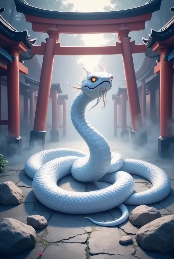 mysterious white snake, japanese zodiac, japanese shinto shrine, traditional shinto torii gate, (best quality, 4k, 8k, highres,masterpiece:1.2), ultra-detailed, (realistic, photorealistic, photo-realistic:1.37), HDR, UHD, studio lighting, ultra-fine painting, sharp focus, physically-based rendering, extreme detail description, professional, vivid colors, intricate details, highly detailed, ornate architecture, elegant composition, dramatic lighting, glowing translucent scales, coiled snake body, sinuous motion, ethereal atmosphere, mystical ambiance, atmospheric mist, thick fog, soft warm lighting, detailed textures, dramatic shadows