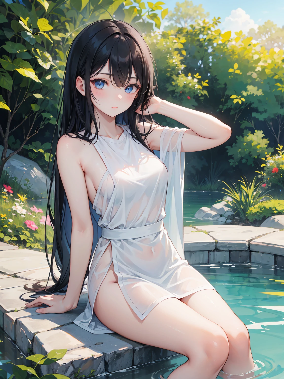 ((Highest quality)), ((masterpiece)), (detailed), 15 years old, Black Hair,(Childish face), (Long Hair), Girl,  Breasts, topless, ((Blue eyes)),half-smile ,Sunlight, (close_up) , Thea Shirt, (arched back) , riverbank, flower garden,(See-through shirt),Thea Shirt,