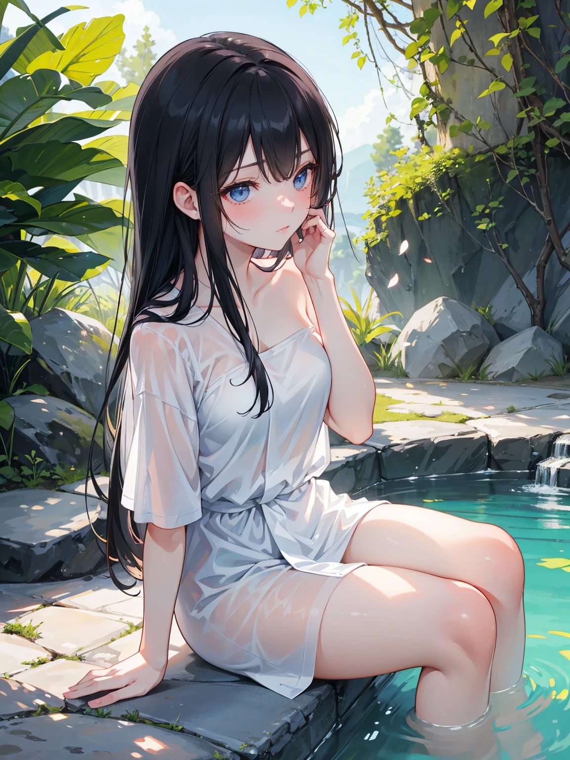 Beauty and dog, beauty sitting with open legs, wet legs, no panties