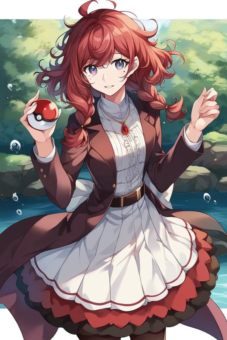 1girl, solo, young woman, red wine hair, elegant besuty mark, beauty mark under her right eye, kayered Medium Hair, Front Braids, Wispy Bangs, slightly messy hair, clips in hair. Soft gray eyes, pantyhose, elegant boots, long sleeves, pastel violet blazer, pokeball in hand, outdoors, standing out, , pink lips, parted lips, cute smile, water drop pendant, white pleated skirt, ribbon on the belt, ribbon in front, elegant, masterpiece, whimsical vibe.