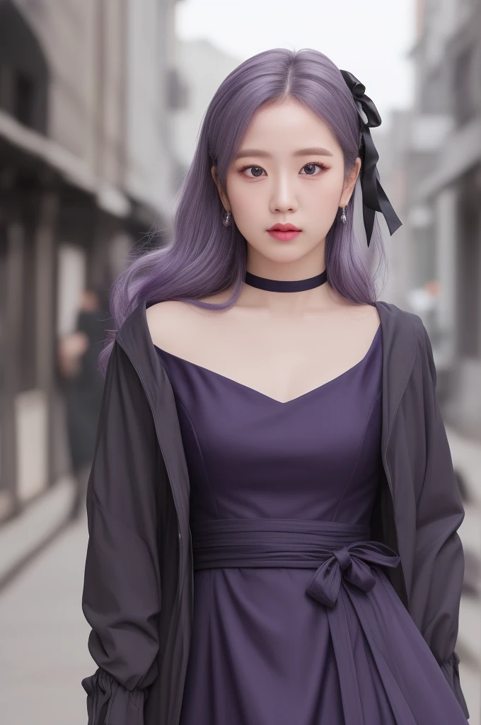 jisoobp1, a woman, (realistic), (hyperrealism), (photorealistic), depth of field, eye makeup:0.5, (upper body:1.2), (narrow waist), looking at the viewer, black dress, walking, at the dark streets, moonrise, wearing a casual purple dress and gray jacket, purple Hair Ribbon, 