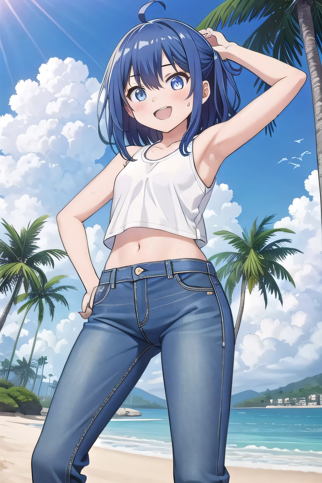 masterpiece,best quality,ultra detail, Perfect Face, Perfect Arms, Perfect hands, Perfect Fingers, 1girl, , peti ((round face, ecstasy, orgasm face, drooping eyes, shame smiling, blush)), dropping eyes, sleepy, background((under the beach, (day:1.2), palm tree, bright sky)), Yanami anna, ahoge,medium hair,blue hair,sidelocks,blunt bangs,blue eyes, hair between eyes,parted bangs, blue eyes, arms behind head, contrapposto, spread armpits, looking at viewer,, (white tank top:1.2), (white crop top:1.2), (jeans pants:1.2, flares jeans:1.2, skinny jeans:1.2, blue jeans:1.2), standing, (legs spread:1.2), sex pose, Sweaty crotch, Steam from the crotch, from below, full medium body