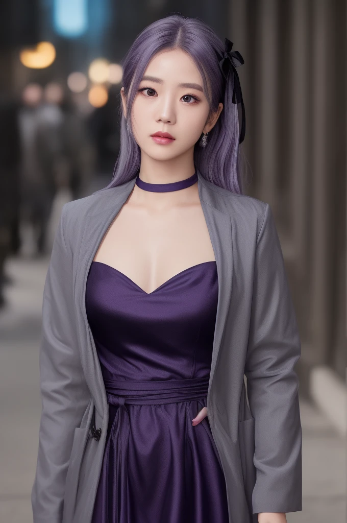 jisoobp1, a woman, (realistic), (hyperrealism), (photorealistic), depth of field, eye makeup:0.5, (upper body:1.2), (narrow waist), looking at the viewer, black dress, walking, at the dark streets, moonrise, wearing a casual purple dress and gray jacket, purple Hair Ribbon, Black Hair, 