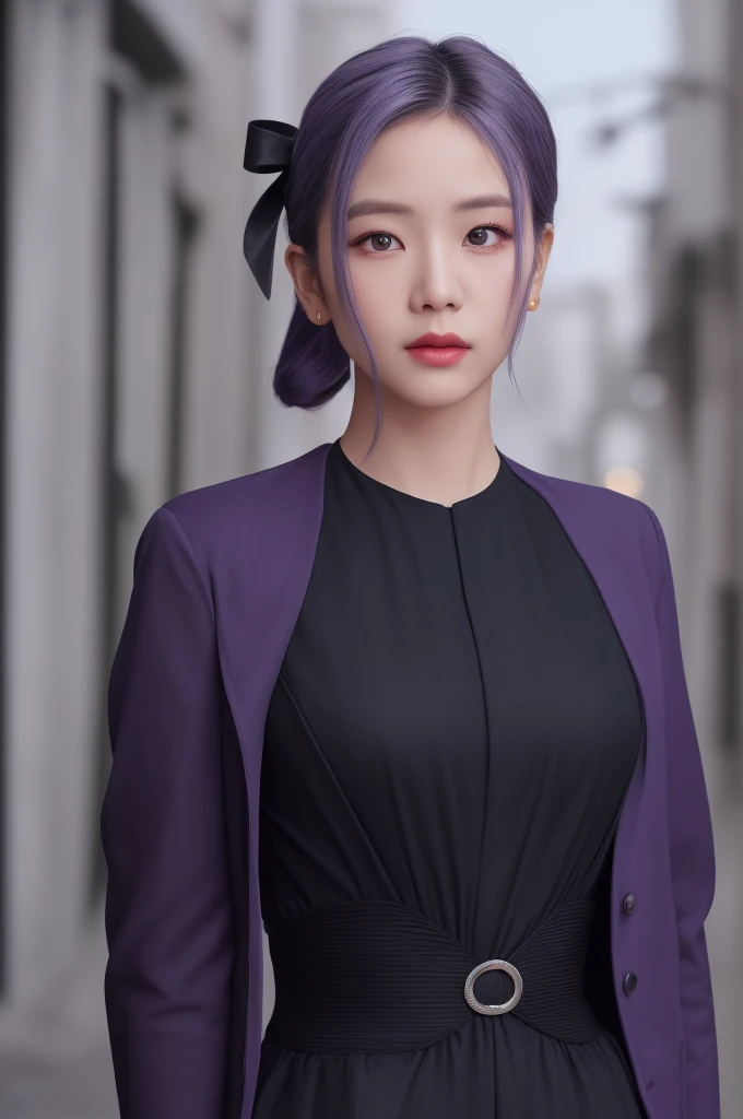 jisoobp1, a woman, (realistic), (hyperrealism), (photorealistic), depth of field, eye makeup:0.5, (upper body:1.2), (narrow waist), looking at the viewer, black dress, walking, at the dark streets, moonrise, wearing a casual purple dress and gray jacket, purple Hair Ribbon, Black Hair, 