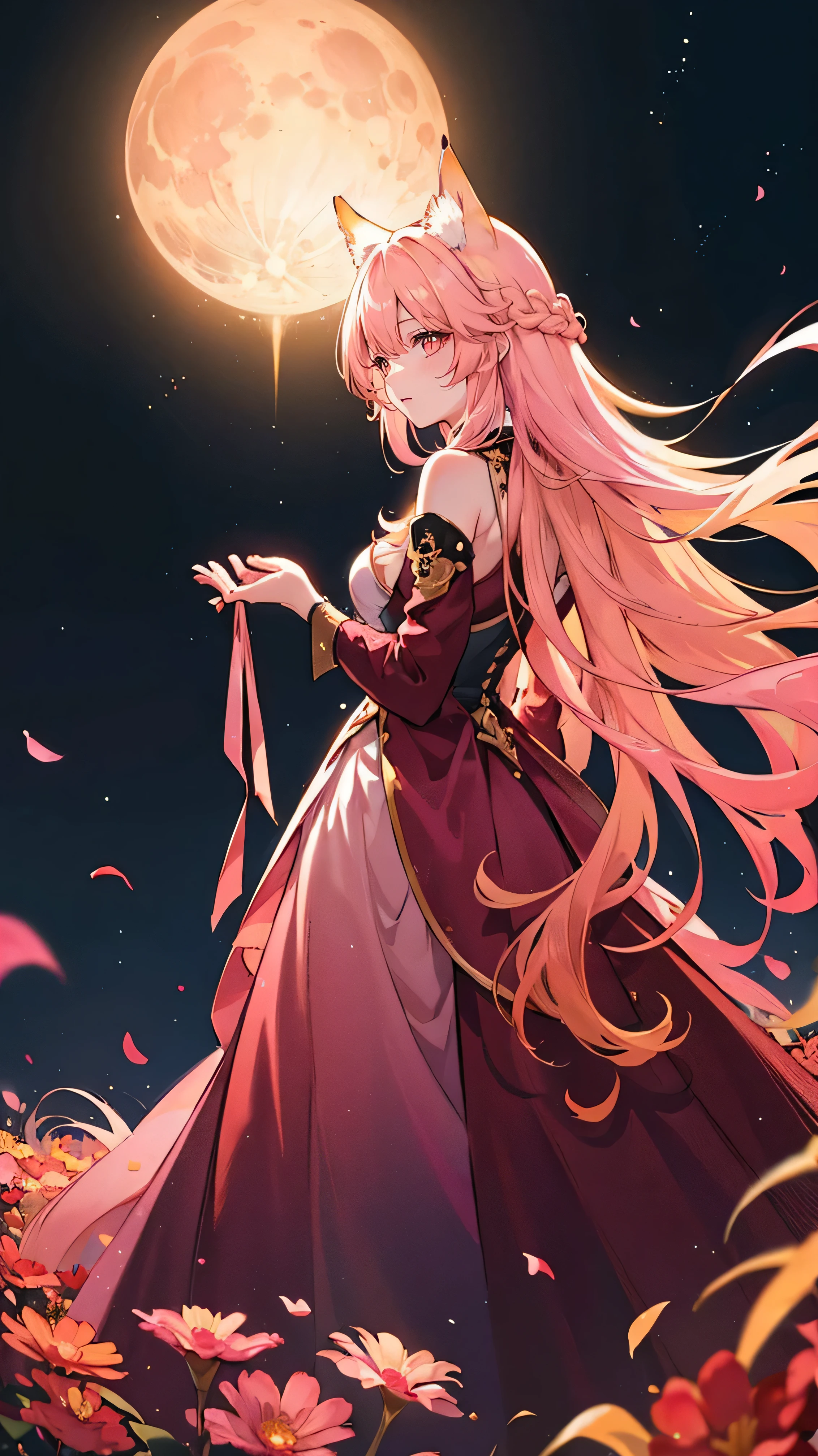 golden hair, [(gradient hair from golden to pink :1.5):0.4], long hair, deep red long dress, adult woman, fox ear,whole body,Moonlit Night. looking back,delicate, high image quality,Flower Field,Beautiful hands