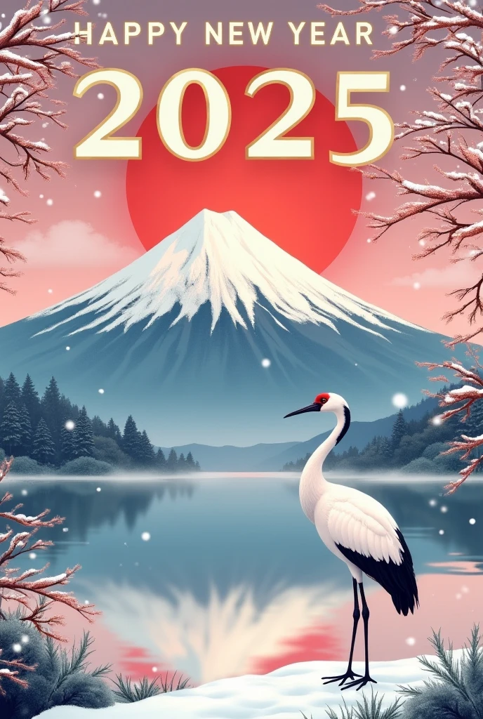 big text in the top "HAPPY NEW YEAR" and "2025", Snow Scenery, All white Fuji, Tranquil lake, a crane, red sun, gold frame,