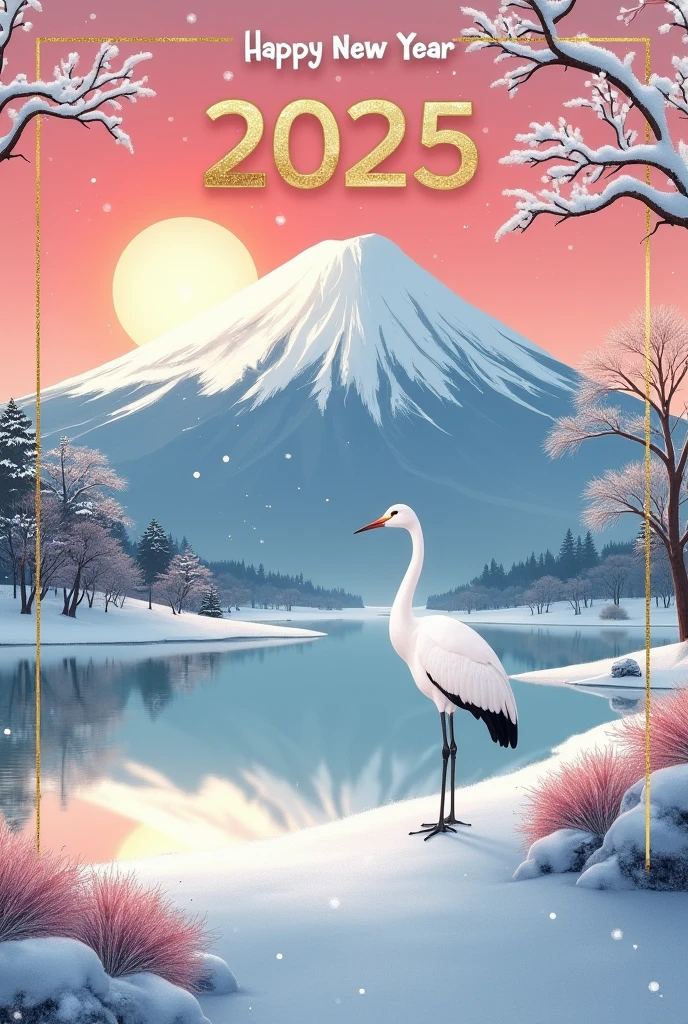 big text in the top "HAPPY NEW YEAR" and "2025", Snow Scenery, All white Fuji, Tranquil lake, a crane, red sun, gold frame,