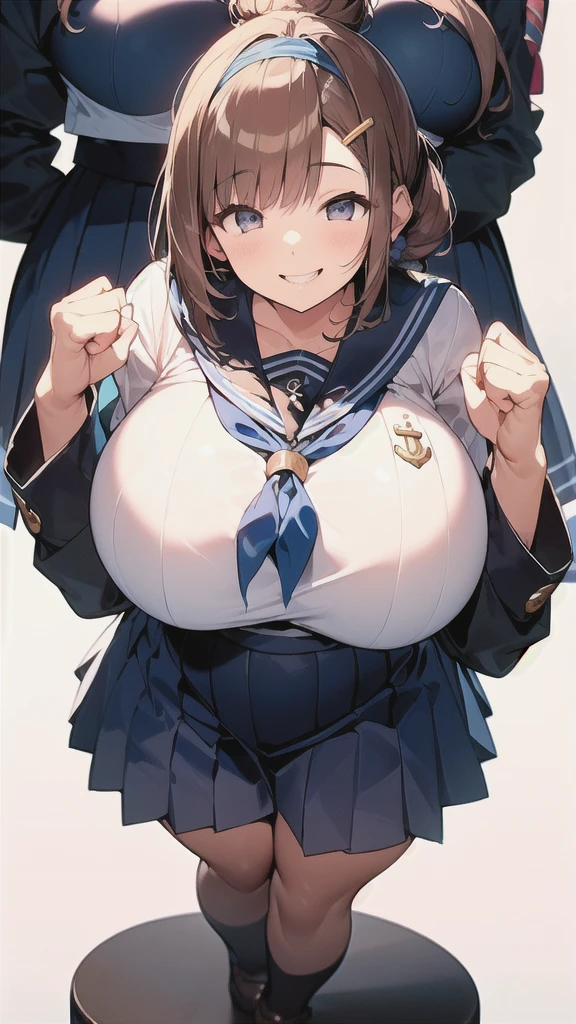 (Voluptuous figure:1.5),Chubby body type,(Big Breasts:1.7),Brown Hair,(Top knot:1.2),(hair accessory,Scrunchie),((((happiness,smile))),BREAK,(Navy Blue,Cute Sailor Uniform,Checkered Pleated Skirt)