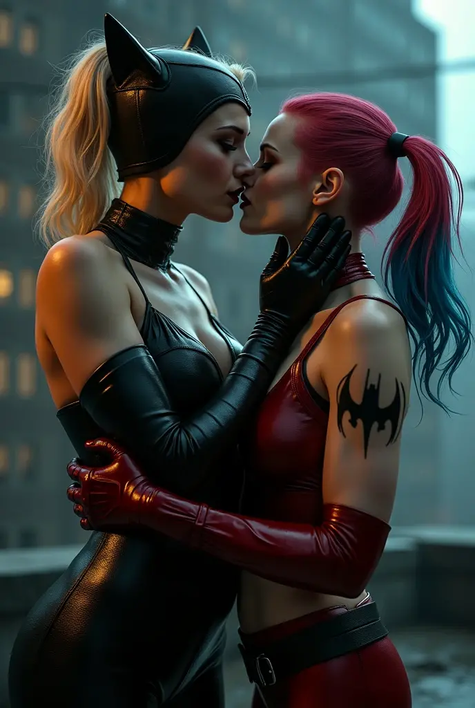 Harley Quinn and poison ivy kissing each other