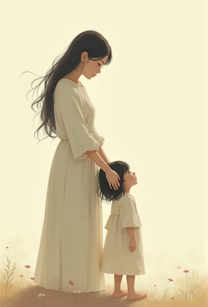 A white woman with black hair with two children, a boy and a girl, all with their eyes closed and contemplative expressions.. Poetic drawing,delicate with flowers 