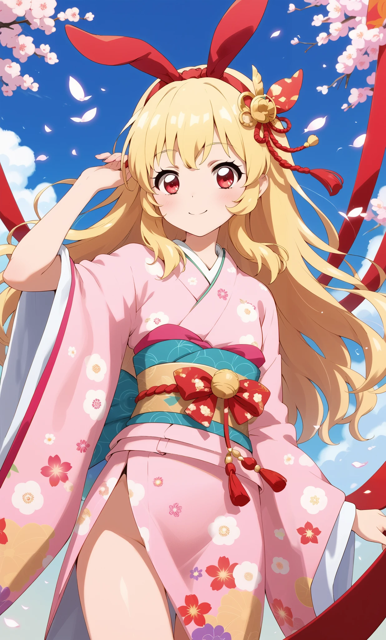 sfw, (red ribbon on headband: 1.2), girl wearing a very beautiful rabbit kimono, rabbit kimono, luxurious obi, clothes, small breasts, New Year's, blonde hair, red eyes, red jeweled ribbon, best shot, Cowboy shot, line of sight, Ichigo Hoshimiya, NO nudity: 2.2,