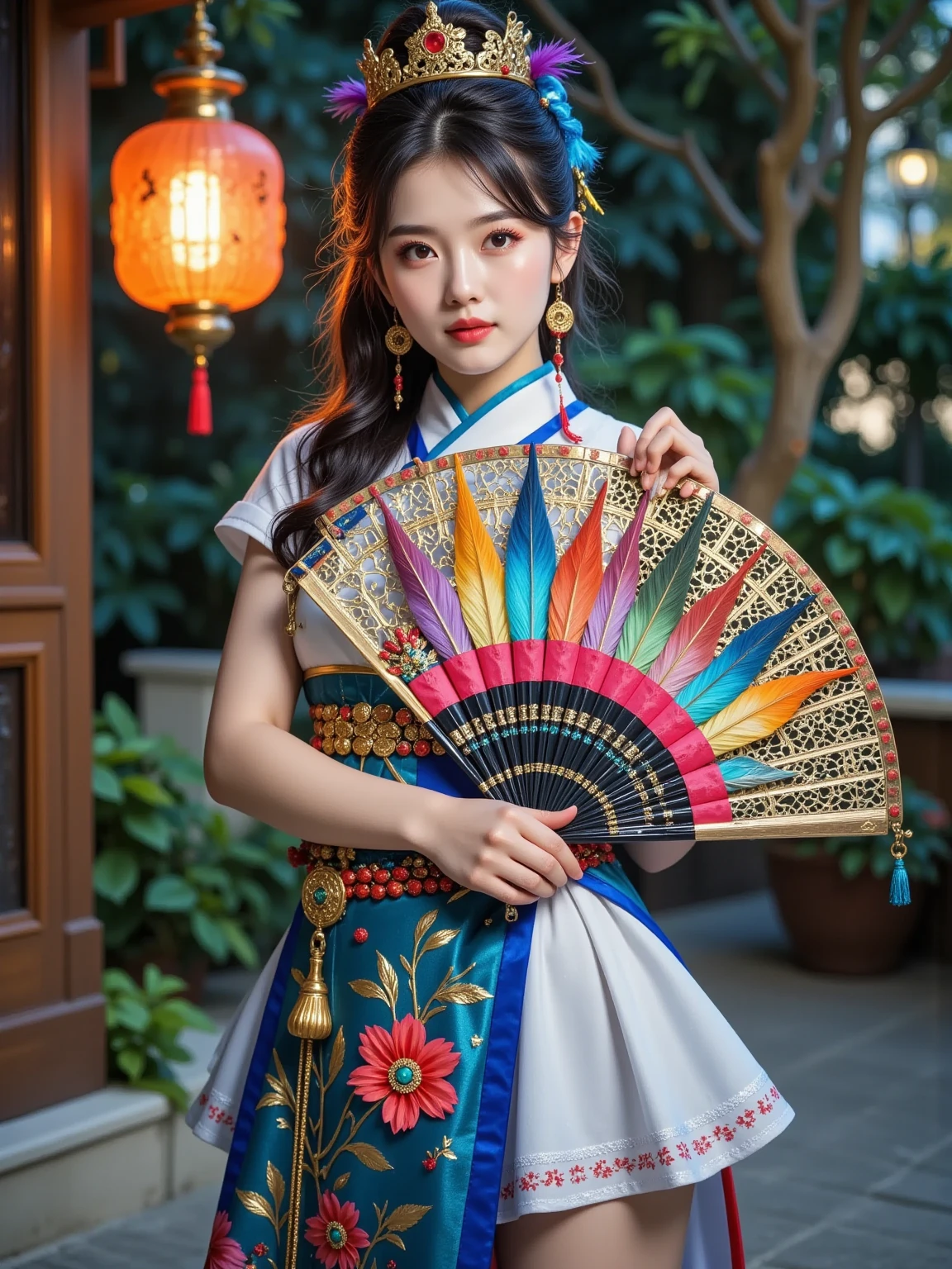 Ultra realistic
portrait, Stunning delicate and refined Chinese woman stands in a quiet garden, holding a magnificent, exquisitely crafted luxurious fan that covers the lower part of her face, and her eyes are open; the fan has an elegant lattice, unique coloring, interweaving of bright feathers and silk tassels that sparkle in the soft golden light of a traditional Chinese lantern; the majestic beauty of the fan, the refined features of the woman's face, her striking gaze, evoke the unrivaled elegance and mystery of the East.