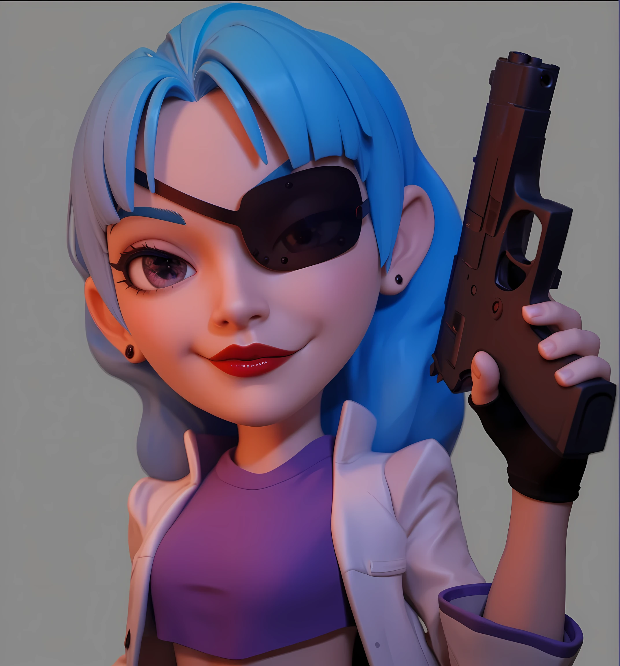  a woman with an evil expression ，One-eyed woman， blue hair ，There are bangs in front of the forehead， realistic hair texture，Rich hair details ， wearing a one-sided blindfold on her right eye ，Looking at the camera with the left eye ， big eyes，Smoky Eyes， red lips，Smile with the left corner of your mouth raised， leaks out of her stomach while wearing a high-waisted top，Purple shirt， white high-waisted jacket ，There is an abdominal vest line， holding a pistol with her right hand ，UE5 Rendering，3D Rendering， cartoon character，3D Model， HD texture