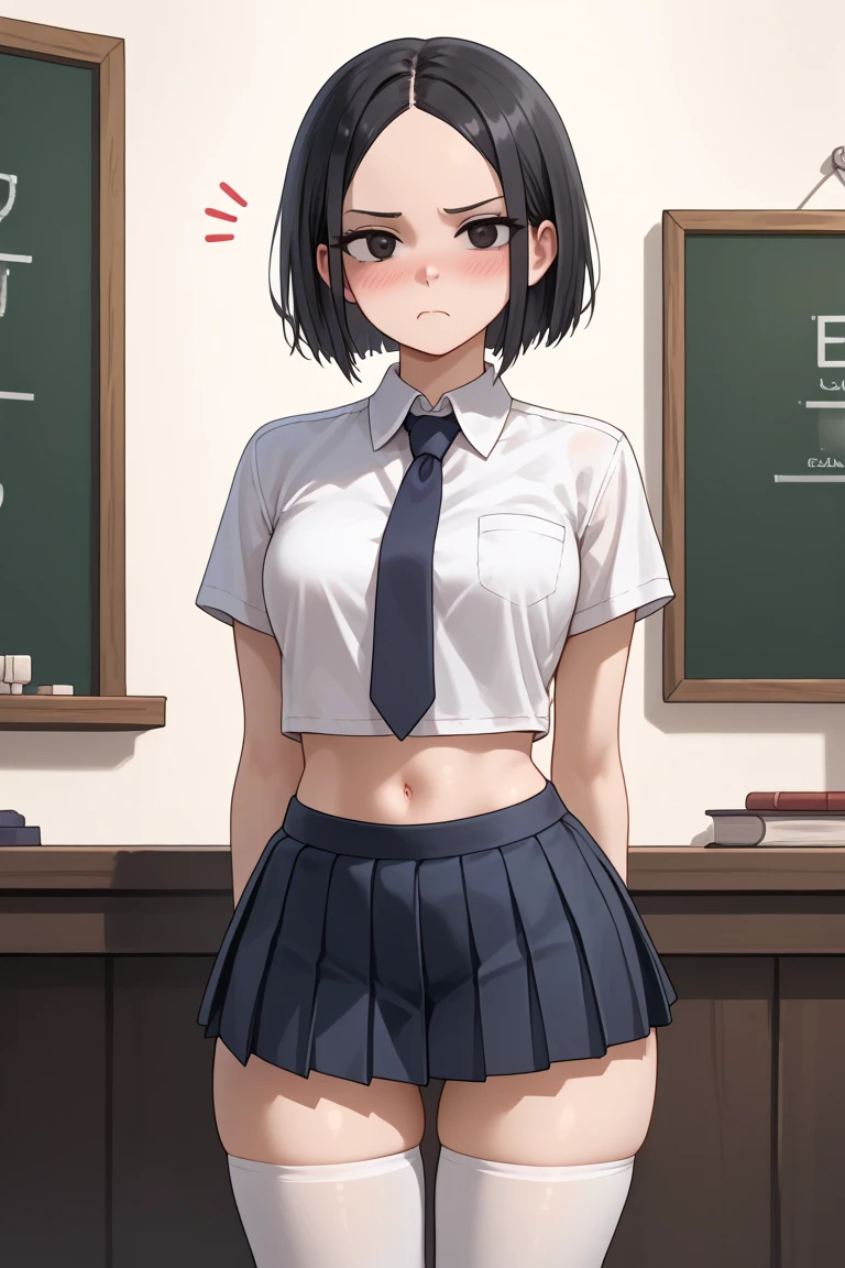 ((1 girl))、smile、small breastsのヌード、(cowboy shot)、(cardigan)、chest roll up clothes,pull clothes,((flat chest:1.3))、((I can see your nipples:1.5)),(NSFW), No bra, (black skirt),look down, ((classroom:1.5))Upper body,classroomのシャツロールアップシャツセーター高解像度,look down, Upper body,hair,Fair skin,classroom,small breasts,shaved pussy、single blade