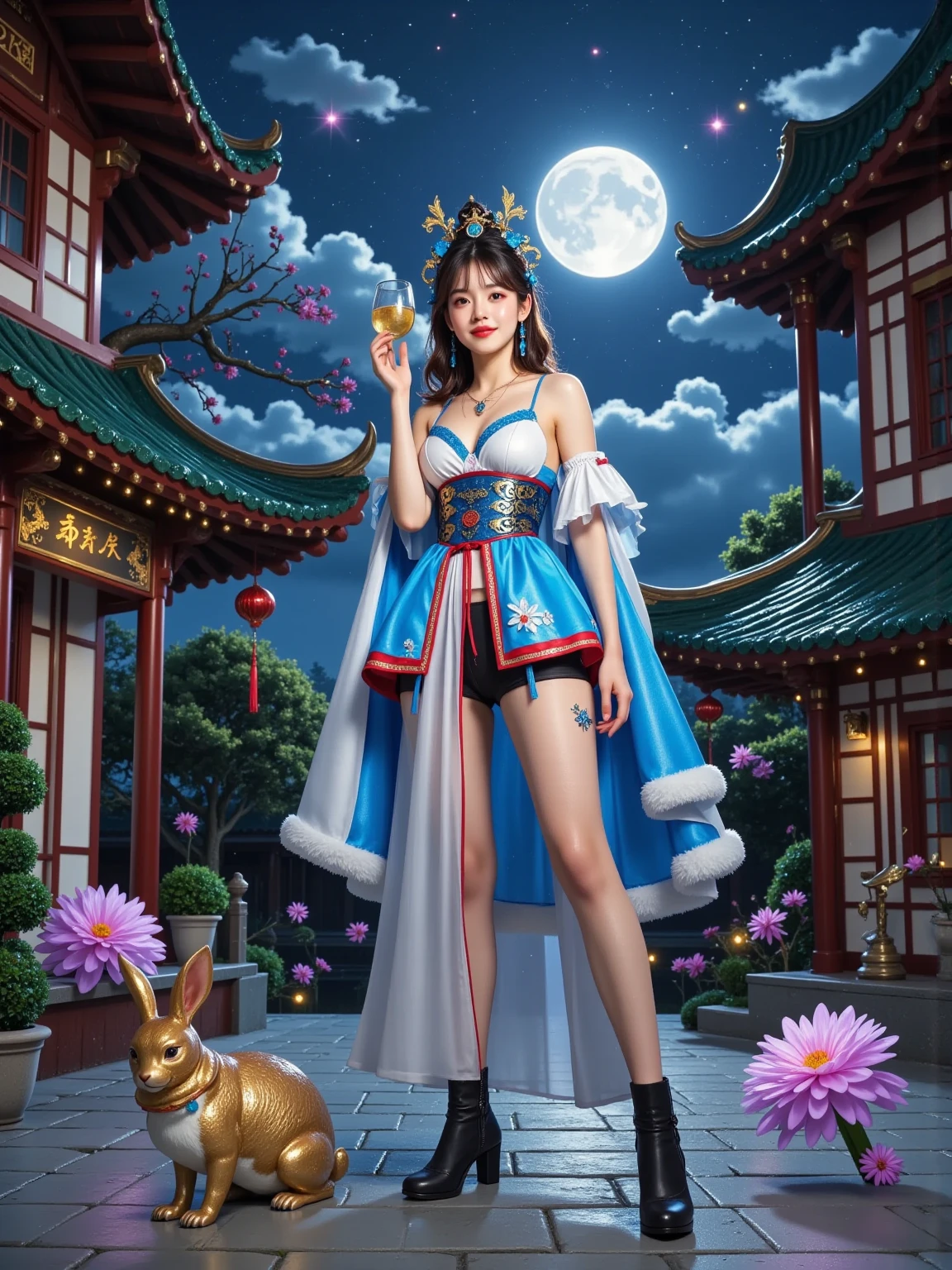 Create a surreal and emotional digital painting，捕捉神话In the background孤独与渴望的精髓。The scene is set in Guanghan Palace，Soft moonlight fills the midnight sky，A delicate and elegant woman stands alone，Her expression reveals heartache and contemplation。She is surrounded by the gorgeous yet lonely grandeur of the palace，The shadows of the carved beams and painted buildings cast intricate patterns in the moonlight。

In the background，A lush osmanthus tree，The flowers reflect neon colors in the night，Add a touch of color to the scene。The woman holds a cup of turbid wine，Symbolizes her attempt to drink away her sorrow，And her eyes reveal a deep unfulfilled wish。The air is filled with a sense of fate and missed opportunities，It's as if the entire universe is trying to separate her from her true love。

In the foreground，A jade rabbit and a golden toad，As auxiliary symbols in mythology，Cleverly integrated into the scene，Suggesting the woman's hope for an eventual reunion。The painting should convey a sense of eternity，Clouds roll in the sky，As if reflecting the woman's inner waves and endless longing。The overall atmosphere should be full of haunting beauty，Capture the viewer's imagination，Evokes the profound elegance of oriental mythology and mystery。