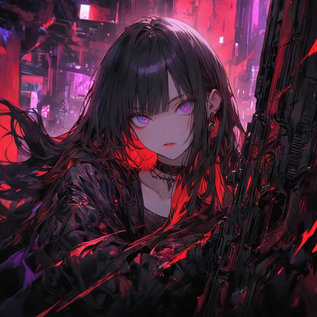 top quality, work, Black Hair, long hair, red inner color, purple eyes,cool fashion,Futuristic Background, choker ,Black clothes, point the gun,widescreen, sticking out of the screen , Hatching( texture ), trimmed , Cut-in,