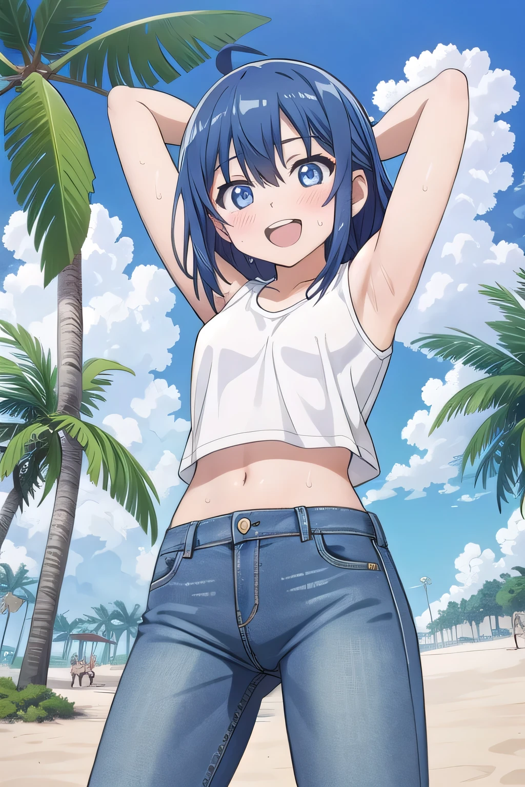 masterpiece,best quality,ultra detail, Perfect Face, Perfect Arms, Perfect hands, Perfect Fingers, 1girl, , peti ((round face, ecstasy, orgasm face, drooping eyes, shame smiling, blush)), dropping eyes, sleepy, background((under the beach, (day:1.2), palm tree, bright sky)), Yanami anna, ahoge,medium hair,blue hair,sidelocks,blunt bangs,blue eyes, hair between eyes,parted bangs, blue eyes, arms behind head, contrapposto, spread armpits, looking at viewer,, (white tank top:1.2), (white crop top:1.2), (jeans pants:1.2, flares jeans:1.2, skinny jeans:1.2, blue jeans:1.2), standing, (legs spread:1.2), sex pose, Sweaty crotch, Steam from the crotch, from below, full medium body