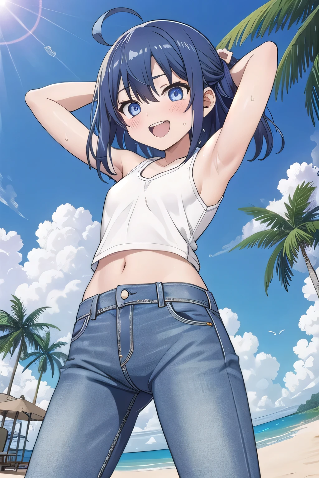 masterpiece,best quality,ultra detail, Perfect Face, Perfect Arms, Perfect hands, Perfect Fingers, 1girl, , peti ((round face, ecstasy, orgasm face, drooping eyes, shame smiling, blush)), dropping eyes, sleepy, background((under the beach, (day:1.2), palm tree, bright sky)), Yanami anna, ahoge,medium hair,blue hair,sidelocks,blunt bangs,blue eyes, hair between eyes,parted bangs, blue eyes, arms behind head, contrapposto, spread armpits, looking at viewer,, (white tank top:1.2), (white crop top:1.2), (jeans pants:1.2, flares jeans:1.2, skinny jeans:1.2, blue jeans:1.2), standing, (legs spread:1.2), sex pose, Sweaty crotch, Steam from the crotch, from below, full medium body