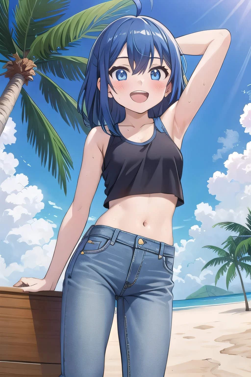 masterpiece,best quality,ultra detail, Perfect Face, Perfect Arms, Perfect hands, Perfect Fingers, 1girl, , peti ((round face, ecstasy, orgasm face, drooping eyes, shame smiling, blush)), dropping eyes, sleepy, background((under the beach, (day:1.2), palm tree, bright sky)), Yanami anna, ahoge,medium hair,blue hair,sidelocks,blunt bangs,blue eyes, hair between eyes,parted bangs, blue eyes, arms behind head, contrapposto, spread armpits, looking at viewer,, (white tank top:1.2), (white crop top:1.2), (jeans pants:1.2, flares jeans:1.2, skinny jeans:1.2, blue jeans:1.2), standing, (legs spread:1.2), sex pose, Sweaty crotch, Steam from the crotch, from below, full medium body