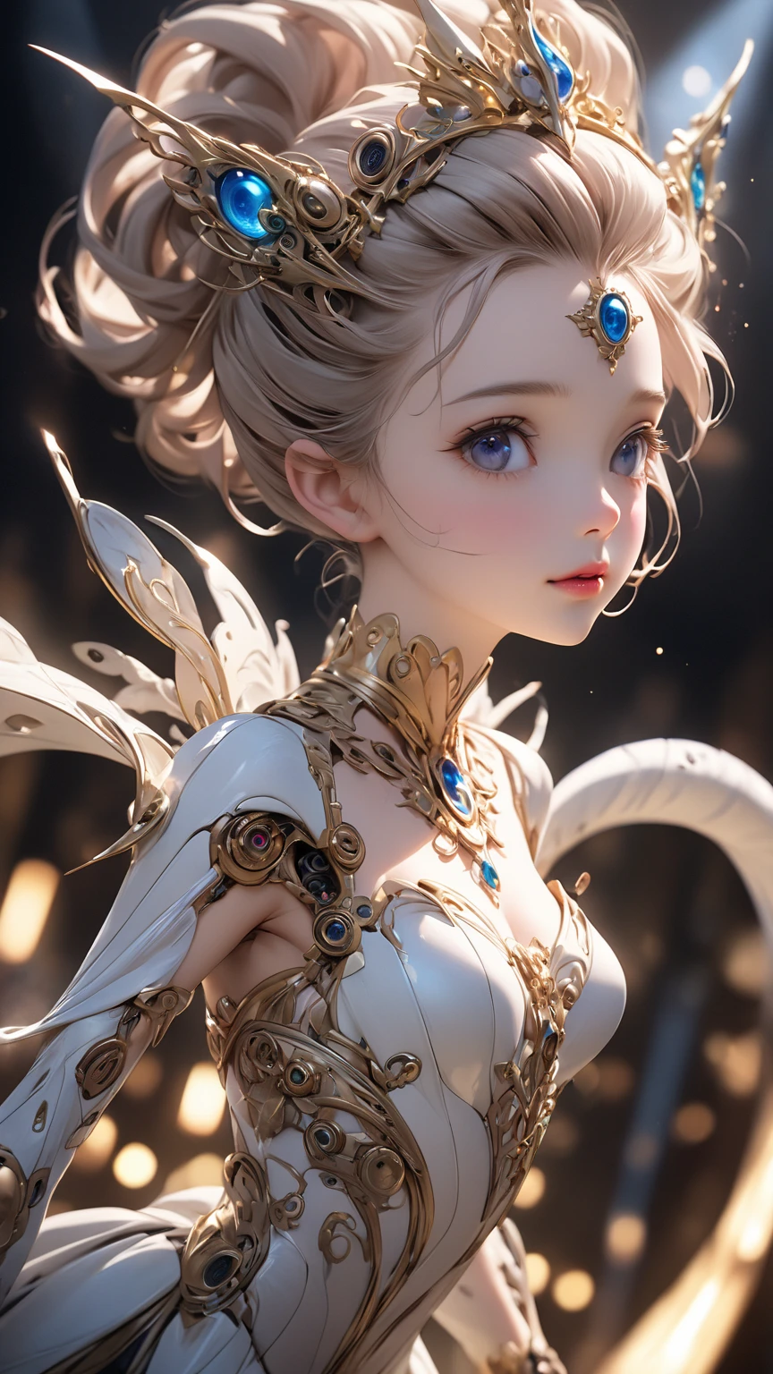 Castle in the distance、The face is front、Looking at the camera、profile、8K、realphoto、超A high resolution, Master Parts, Best Quality, nffsw , cinematic images,Lovely girl、ann、16 only、annグロサクソン、二重まぶた、drooing eyes、Very big eyes、Eyes purple、Dark eye shadow、The lips are very thin、The tip of the nose stretches beautifully........................................、small nostrils,,,,, ighly detailed , Silver hair、Straight short hair、ssmile、 Sweet look 、）、Very clear shadows , jewely , A detailed eye, very intricate, shiny skins , パーフェクトブリリannト, Perfect Lighting, Dramatic shadows、White tiara on head、Gold necklace around the neck、White aristocratic dress with gold embroidery、Glass High Heels、Angel White Wings