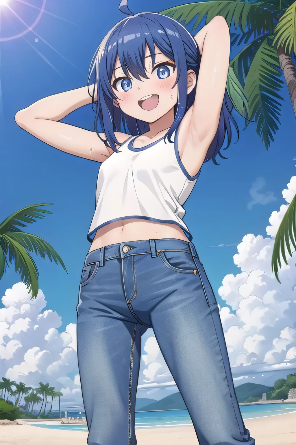 masterpiece,best quality,ultra detail, Perfect Face, Perfect Arms, Perfect hands, Perfect Fingers, 1girl, , peti ((round face, ecstasy, orgasm face, drooping eyes, shame smiling, blush)), dropping eyes, sleepy, background((under the beach, (day:1.2), palm tree, bright sky)), Yanami anna, ahoge,medium hair,blue hair,sidelocks,blunt bangs,blue eyes, hair between eyes,parted bangs, blue eyes, arms behind head, contrapposto, spread armpits, looking at viewer,, (white tank top:1.2), (white crop top:1.2), (jeans pants:1.2, flares jeans:1.2, skinny jeans:1.2, blue jeans:1.2), standing, (legs spread:1.2), sex pose, Sweaty crotch, Steam from the crotch, from below, full medium body