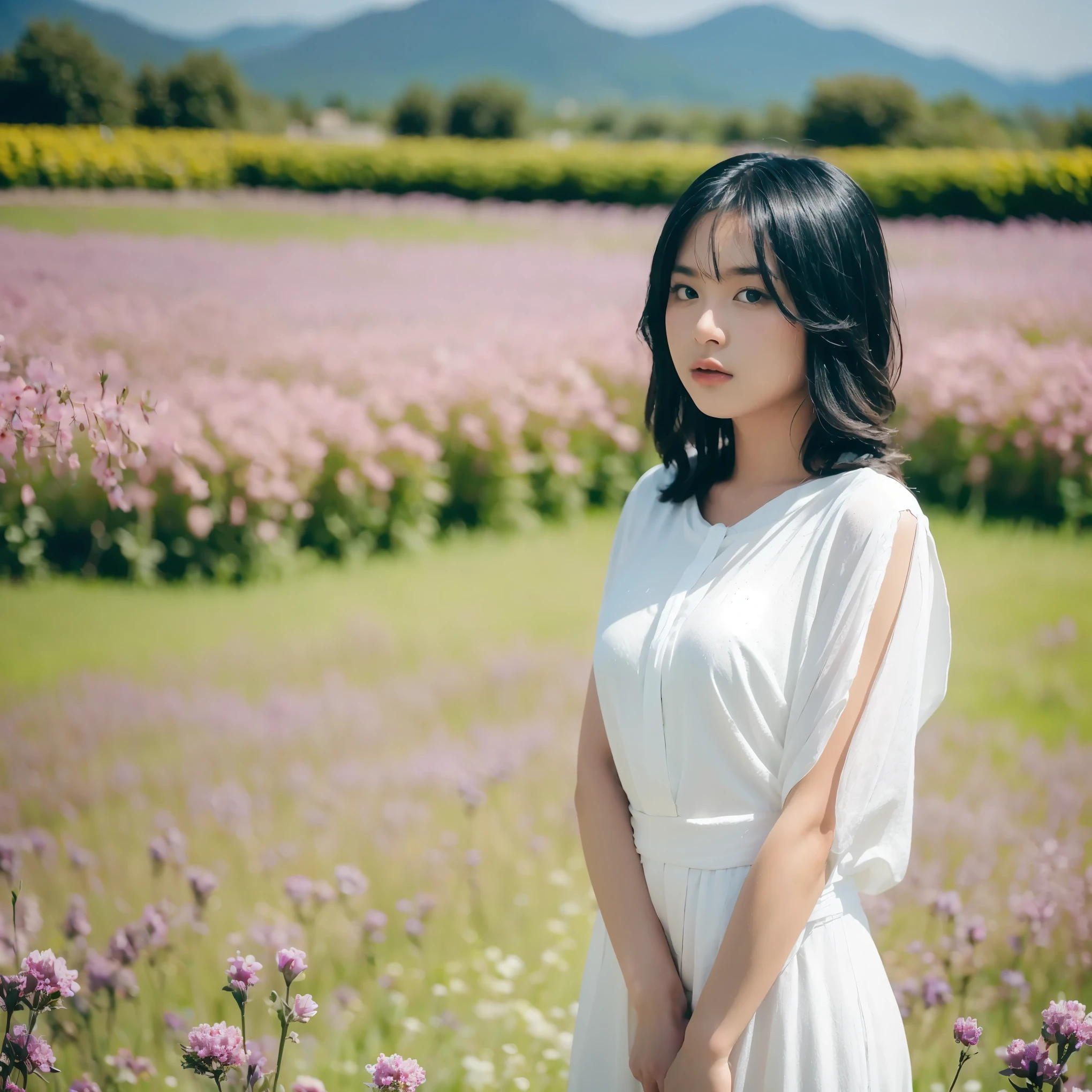(masterpiece, best quality:1.2, 8k RAW photo, 1girl, solo, natural soft lighting), medium breast, standing in flower field, mountains background, upper body, looking at camera, 