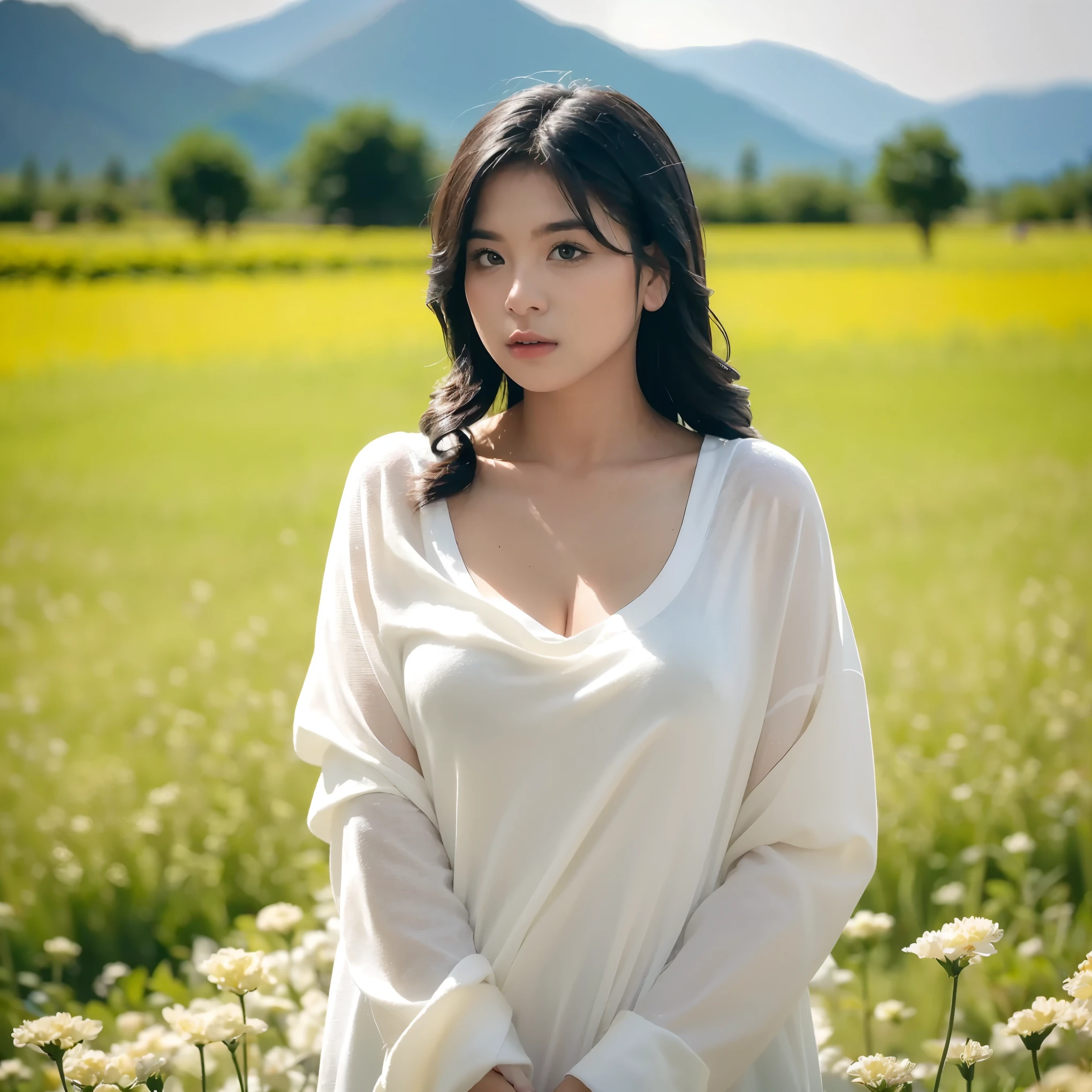 (masterpiece, best quality:1.2, 8k RAW photo, 1girl, solo, natural soft lighting), medium breast, standing in flower field, mountains background, upper body, looking at camera,