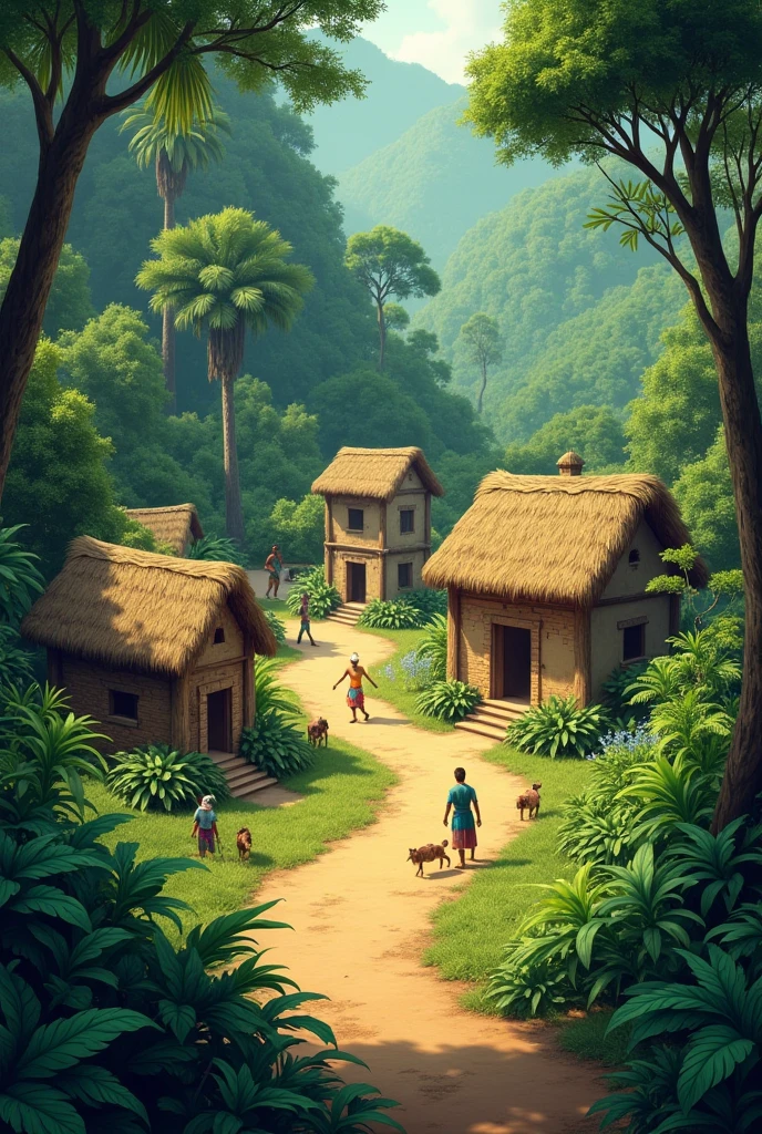 un petit village africain avec des arbres et des enfants jouant