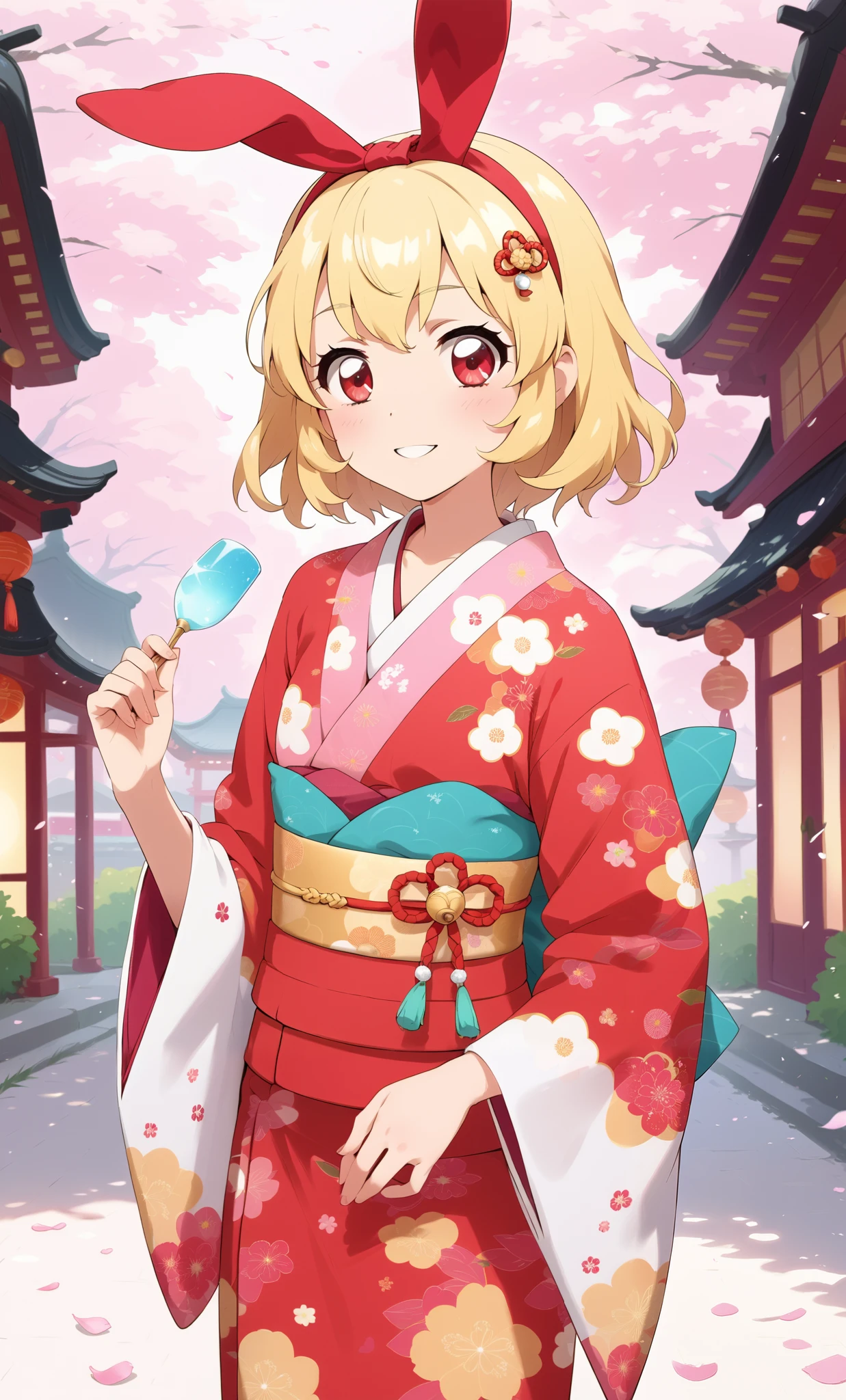 sfw, (red ribbon on headband: 1.2), girl wearing a very beautiful rabbit kimono, rabbit kimono, luxurious obi, clothes, small breasts, New Year's, blonde hair, red eyes, red jeweled ribbon, best shot, Cowboy shot, line of sight, Ichigo Hoshimiya, NO nudity: 2.2,