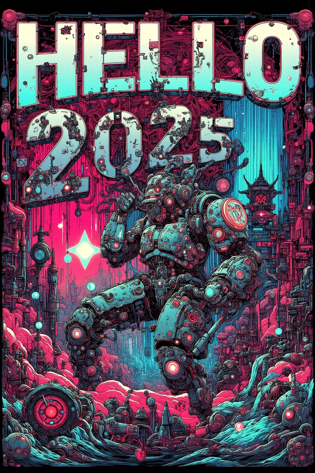 "Hello 2025" Posters Celebrating the New Year with , Design Combining Past and Future , Retrofuturism , Letters as Headlines {x} Geometric and colorful designs that reinterpret 1980s elements in a modern way,Future Dusk , Transcendent Pink ,  Dynamic Typography , Gradients and Metallic Effects on Posters , Reed Glass-like Transparency 