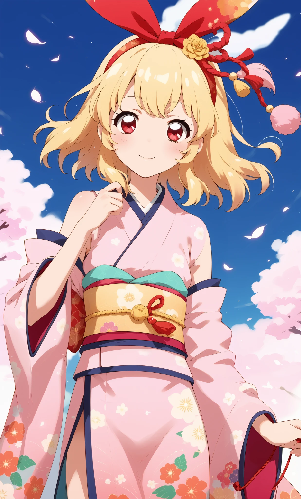 sfw, (red ribbon on headband: 1.2), girl wearing a very beautiful rabbit kimono, rabbit kimono, luxurious obi, clothes, small breasts, New Year's, blonde hair, red eyes, red jeweled ribbon, best shot, Cowboy shot, line of sight, Ichigo Hoshimiya, NO nudity: 2.2,