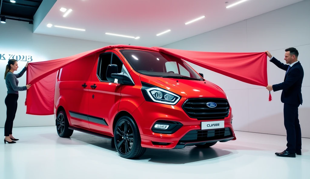 2025 Ford Camper Van) is being revealed in a modern and luxurious showroom. The car is a vibrant red with black accents, highlighting its bold and aggressive design. Two people, a man and a woman dressed in formal attire, are a large red and white cloth from the car to unveil it to the public. The environment is white, with a large sign in the background that reads "." The scene is professional and full of excitement, as if a new car is being introduced to the public.