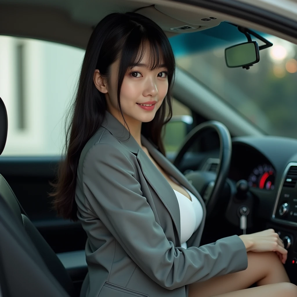 (Masterpiece:1.3), (8K, Photorealistic, RAW Photography, Best Quality: 1.4), Japan People, Beautiful Face, (Realistic Face), (Medium Hair:1.3), Realistic Eyes, Beautiful Eyes, Beautiful Eyes, (Realistic Skin), Beautiful Skin, Attractive, Ultra High Definition, Ultra Realistic, High Definition, Office Lady, Driving at night, Driving a car, Getting behind the wheel, Smile, White shirt, Jacket, Breast visible, cleavage,