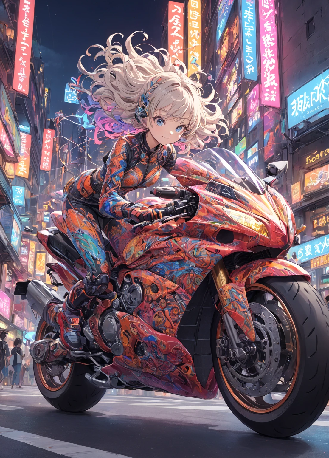 Colorful motorbikes and intricate details in the lively and imaginative style of Akira Toriyama. . This motorcycle is cutting-edge , with sleek curves and dynamic design , are colorful and striking . . The car body, decorated with intricate mechanical parts , gear, And the wires , meticulously drawn with delicate lines . The wheels are big and strong , with fine tread patterns and glowing neon colors . , motorcycle riding is embodied. The dramas with cheerful face colors , wore cool outfits with elements of futuristic and unusual design , reflects the unique style of Toriyama . The rider's hair flutters in the wind , , and their gestures were conveyed. Excitement and adventure can come out. . The background is a vivid cityscape with unusual buildings and busy streets. , full of vibrant colors and creative details , , reflects the atmosphere. Vibrant and adventurous ., correct structure ,perfect anatomy