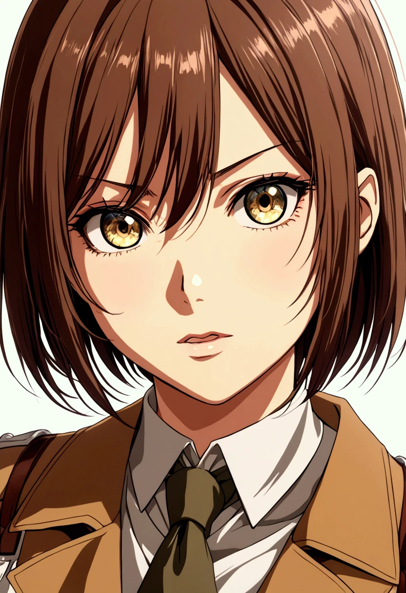 The model is character girl from attack on titan, brown light eyes and brown hair not too short and not too long, and pretty face