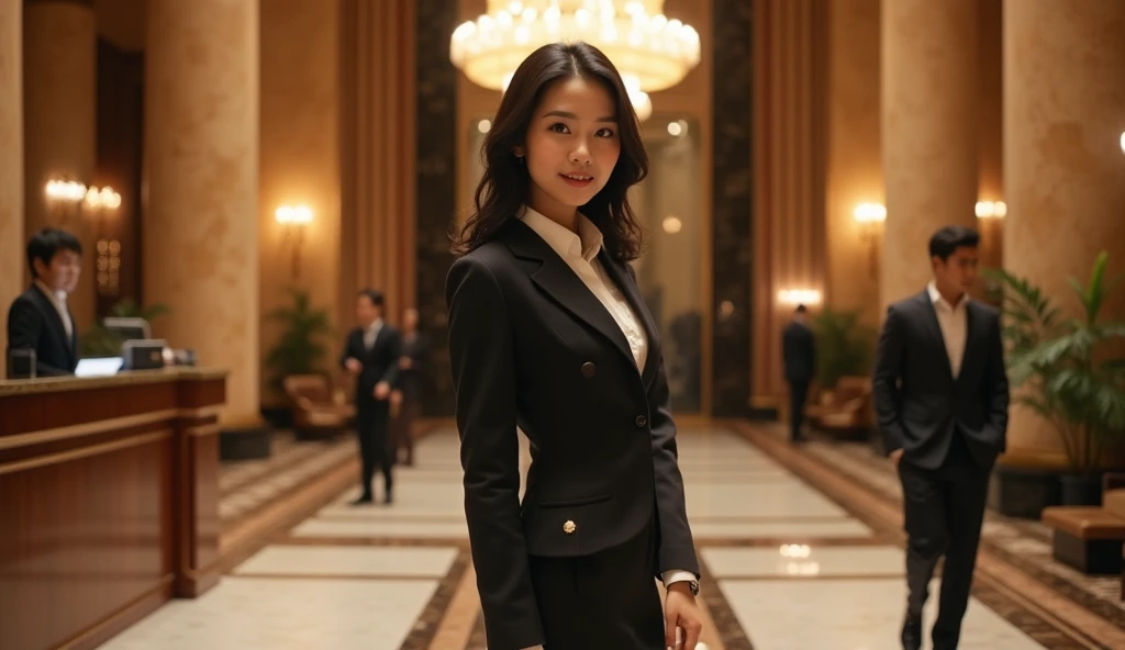 (8k, Best Quality, Masterpiece:1.2), (Realistic, Photorealistic:1.37), Ultra Detail, 1 Girl, Full Body, Outdoor, (Adjusted Hair:1.5) Office Lady, Black Office Blazer, Office Skirt, (pantyhose: 1.2), (short button-down shirt: 1.2), button-up collar prim, button-down collar prim, bra, (pantyhose: 1.2), alpha layer, high heels, beautiful earrings, cute, solo, beautiful detailed sky, (smile: 1.15), (closed mouth), small breasts, beautiful detailed eyes, business attire, (short hair: 1.2), floating hair NovaFrogStyle,
