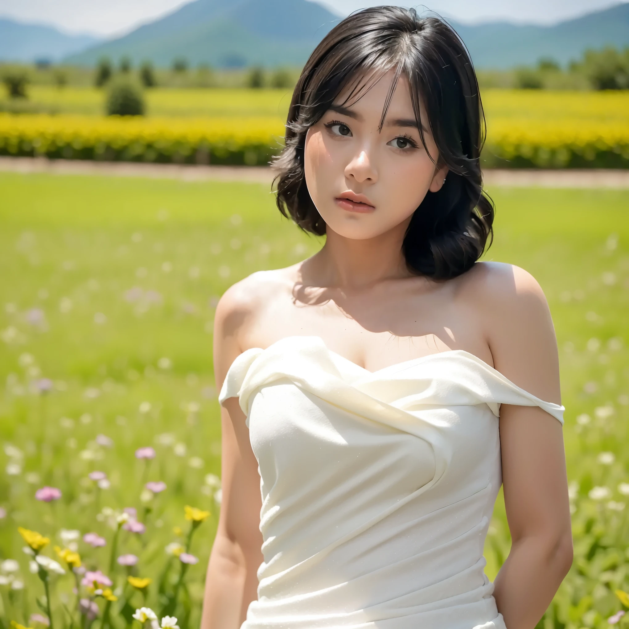 (masterpiece, best quality:1.2, 8k RAW photo, 1girl, solo, natural soft lighting), medium breast, standing in flower field, mountains background, upper body, looking at camera, 