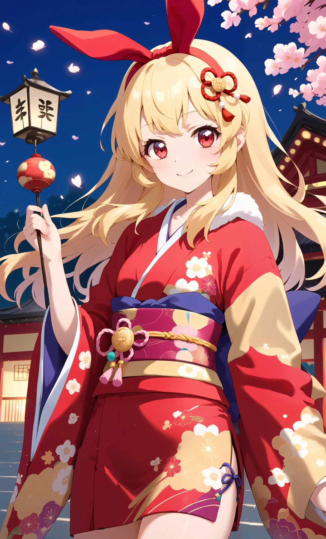 sfw, (red ribbon on headband: 1.2), girl wearing a very beautiful rabbit kimono, rabbit kimono, luxurious obi, clothes, small breasts, New Year's, blonde hair, red eyes, red jeweled ribbon, best shot, Cowboy shot, line of sight, Ichigo Hoshimiya, NO nudity: 2.2,