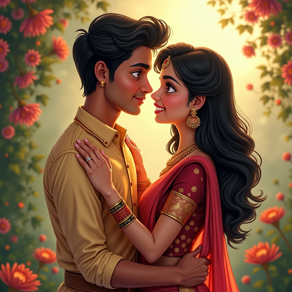 An Indian boy  standing with a beautiful indians girl with hidden face both and hug each other standing in back of cafe and eating pizza 